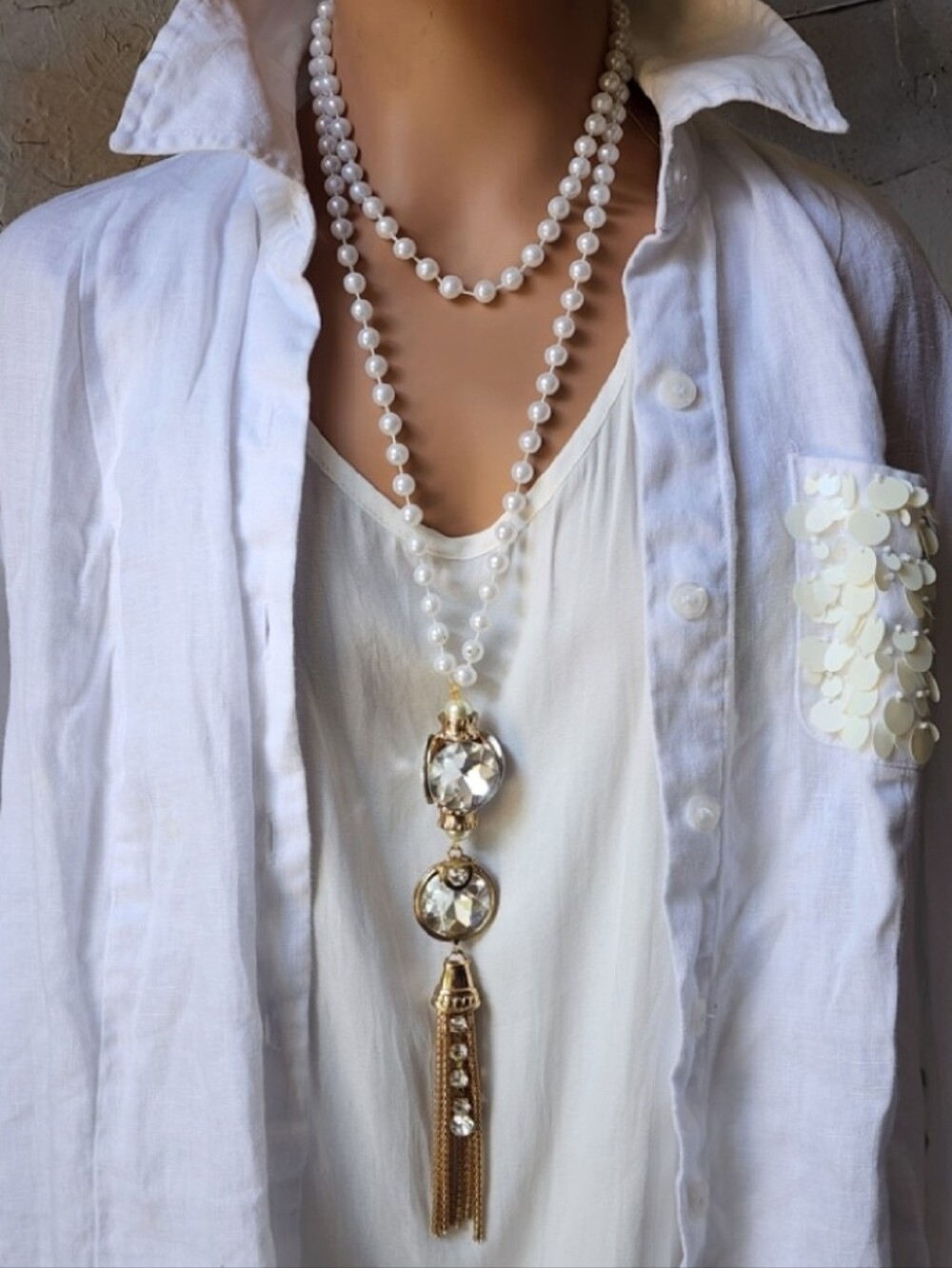 Long White Pearl Necklace with Gold Crystal Tassel